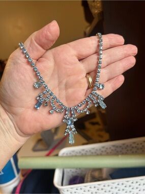 Vintage 1950s Crystal Drop Necklace and Earrings Set - Light Blue Rhinestone